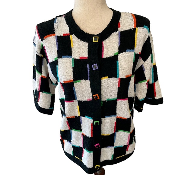 Vintage Sweaters - Vintage Grandma Checkerboard Colorful Sweater